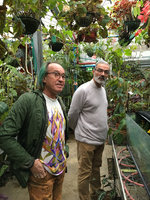 Patrick Blanc and Patrick Rose among Begonias at the Conservatoire du Begonia, Rochefort, France, Oct. 2018
