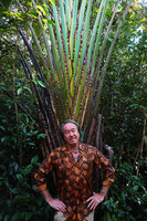 Patrick Blanc and Ravenala hladikorum with the characteristic papyraceous brown splitted leaf sheath margin, Analamazoatra PN, Andasibe, Madagascar, Aug. 2024