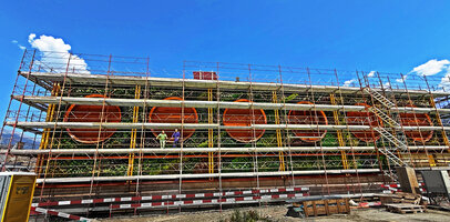 Patrick Blanc and the architect Bob Morard on the scaffolding at the end of plant installation of the vertical garden wrapping the new Oiken electric substation, Sion, Switzerland, June 2026