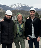 Patrick Blanc and the architects from Memento, Bob Morard and Tiago Feliciano,  for the new vertical garden envelopping the future electric station Oiken Ronquoz 21, Sion, Switzerland, March 2025