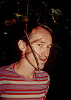 Patrick Blanc and the longest stick insect of the world, Pharnacia kirbyi, Kinabalu NP, Borneo July 1984