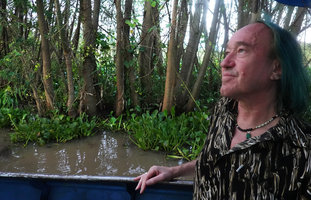 Patrick Blanc and the partly submerged swolln trunk bases of Aeschynomene elaphroxylon, Lake Abaya, Arba Minch, Ethiopia, Jan. 2019