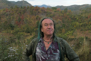 Patrick Blanc at sunset in front of deciduous forest, Inle Lake area, Myanmar, 31st Dec. 2017