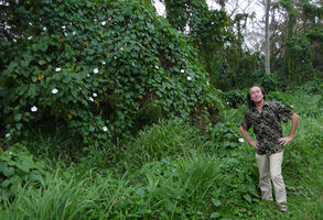 Patrick Blanc at sunset in front of the freshly open moon flowers, Ipomoea alba, Viti Levu, Fiji, Aug. 2016