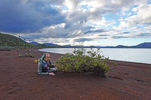 Patrick Blanc at sunset lying on the sandy banks of the Rivière des Lacs with an old  isolated prostrate Retrophyllum minus, New Caledonia, Aug. 2023