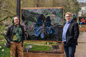 Patrick Blanc at the inauguration of his exhibition Les Intrigantes de l&#039;Ombre in the Botanical Garden, Nancy, with Frederic Pautz, around Begonia blancii, 13th April 2023 
