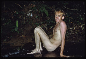 Patrick Blanc bathing in a forest stream, Campo, Cameroon, 1991