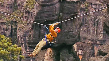 Patrick Blanc crossing the 400 m deep chasm in Kukenan Tepui, Venezuela, March 1999