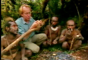 Patrick Blanc discussing about the taste of the sweet potato, Ipomoea batatas, with Una men, Laryé, West Papua, April 2000