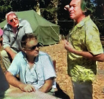 Patrick Blanc discussing with Francis Hallé and Gilles Ebersolt about the access to the karst forest during the Canopy raft, radeau des Cimes expedition preparation, Phou Hin Poun NBCA, Khammouane, Laos, Jan. 2012