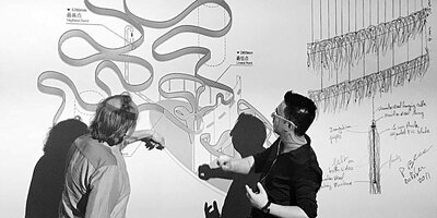 Patrick Blanc discussing with Quad Studio about his hanging green sculpture, the Jungle Dragon Dance for C Future Lab, Shenzhen, July 2018