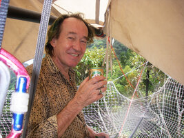 Patrick Blanc drinking a beer after climbing at the top of the Canopy Raft, Phou Hin Poun NBCA, Khammouane, Laos, May 2012