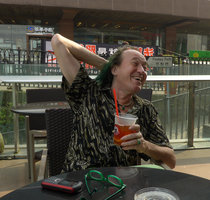 Patrick Blanc drinking ice lemon tea, the Peak, Hong Kong, April 2016