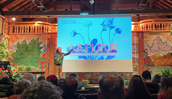 Patrick Blanc during his conference on the growth habits of primitive plants at La Medicce, France, March 2024