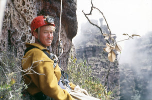 Patrick Blanc going down a chasm in the Kukenan Tepui, Venezuela, March 1999