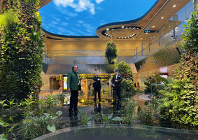 Patrick Blanc, Henri Boiffils and Basile Boiffils in the Dreamscape garden during inauguration of the new Changi T2 expansion, Singapore, Nov. 2023