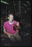 Patrick Blanc holding a specimen of Barclaya with very thin leaves and glabrous petioles, maybe the elusive B. kunstleri or a hybrid between B. motleyi and B. longifolia, Kanching FR, Malaysia, July 1984