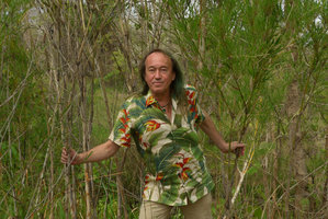 Patrick Blanc holding the greyish stems of a bamboo, probably Vietnamosasa ciliata, Dan Sai, Thailand, June 2016