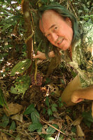 Patrick Blanc holding the twining stem of Myrianthemum (syn. Medinilla) mirabile with cauliflorous dense purple baccate fruits congested at the stem base, Matomb, Yaounde, Cameroon, March 2018