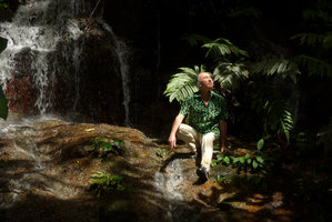 Patrick Blanc in a waterfall with the strictly rheophytic Piptospatha perakensis on granitic rocks, Fraser&#039;s Hill, Malaysia, Dec. 2016