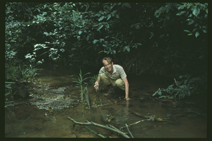 Patrick Blanc in Cryptocoryne crispatula var. balansae river habitat, Khao Sok NP, Thailand, Aug. 1987