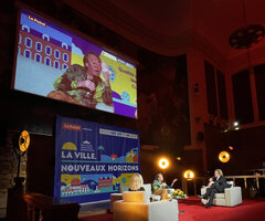 Patrick Blanc in discussion with Etienne Gernelle during the conference La Ville, Nouveaux Horizons by Le Point magazine, Nice, France, Nov. 2021