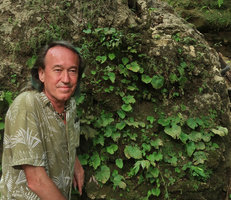 Patrick Blanc in front of a limestone rock covered by a dense population of Epithema horsfieldii, Gunung Kidul, Java, May 2018