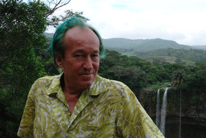 Patrick Blanc in front of a waterfall, Mauritius, April 2011
