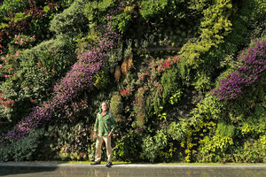 Patrick Blanc in front of his blooming Vertical Garden, Mc Arthur Glen Provence, Mas de la Peronne, Miramas, April 2017