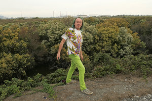 Patrick Blanc in front of the invasive Baccharis halimifolia, Camargue, France, Sept. 2017