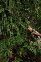 Patrick Blanc in front of the vertical seeping cliff covered by Begonia potamophila and Begonia montis-elephantis, Mont des Elephants, Kribi, Cameroon, March 2018