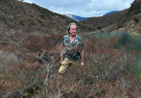 Patrick Blanc in highland savanna among Baeckea frutescens shrubs and the glaucous sedge Lepidosperma chinense along water course, Anggi Lakes, 2200 m asl, Arfak Mts, West Papua, May 2025