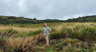 Patrick Blanc in patana, the water logged savanna, among flowering tussocks of Garnotia exaristata, Horton Plains, Sri Lanka, Nov. 2024