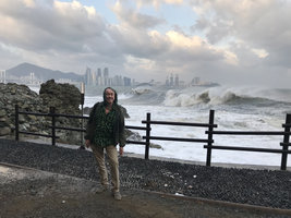 Patrick Blanc in stormy weather at Igidae Park, Busan, South Korea, Oct. 2017
