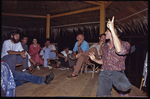 Patrick Blanc lecturing at the Canopy Raft field station, Ebodje where he discovered Cercestis blancii, Cameroon, Nov.1991