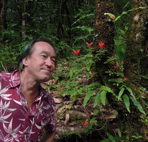 Patrick Blanc looking at the small epiphytic Aeschynanthus persimilis, Doi Pui, Thailand, Nov. 2013