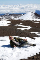 Patrick Blanc lying in the snow at the summit of Mauna Kea volcano, Hawai&#039;i, Jan. 2008