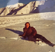 Patrick Blanc lying in the snow on a sunny day, Megeve, France, Dec. 1976