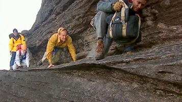 Patrick Blanc moving along a very narrow ledge while ascending the Kukenan Tepui, Venezuela, March 1999