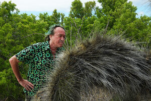 Patrick Blanc much intrigued by an old Opuntia galapageia var. myriacantha covered by countless huge spines, Cerro Dragon, Santa Cruz, Galapagos, Aug. 2021
