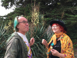 Patrick Blanc not really convinced by the supposed good taste of the Yucca gloriosa flowers proposed by Noemie Vialard, Ile de Re, France, Oct. 2018