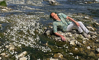 Patrick Blanc observing a dense flowering population of Ranunculus fluitans in the Loire river, Blois, France, May 2022