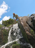 Patrick Blanc observing a dense population of Podostemum cf. distichum, Resurrection waterfall, Aguas Mornas, Santa Catarina, Brazil, Oct. 2018