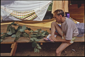 Patrick Blanc observing a sample of a male Piper guineense, Canopy Raft expedition, Cameroon, 1991
