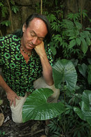Patrick Blanc observing a small individual of Alocasia alba, Muncar waterfall, Gunung Merapi NP, Java, May 2018
