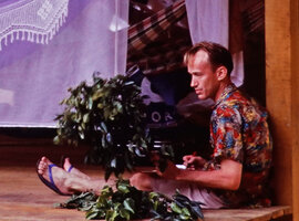 Patrick Blanc observing botanical samples at forest camp, Radeau des Cimes, Canopy Raft expedition, Cameroon, Sept. 1991