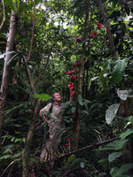 Patrick Blanc observing the bright red cauliflorous Passiflora involucrata, Calanoa, Leticia, Colombia, Nov. 2016