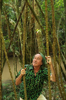 Patrick Blanc observing the corky bark of  freely hanging feeding roots of the climbing Scindapsus maclurei, probably a protection against the recurrent dry season fires, Khao Kho, Phetchabun, Thailand, Nov. 2018