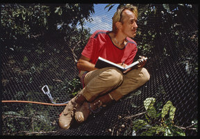 Patrick Blanc observing the mature tree crowns, Canopy Raft expedition, French Guyana, Oct. 1989