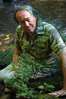 Patrick Blanc observing the small light purple flowers of the rheophytic shrub Cuphea utriculosa, Ram Tzul Natural Reserve, Baja Verapaz, Guatemala, Jan. 2020